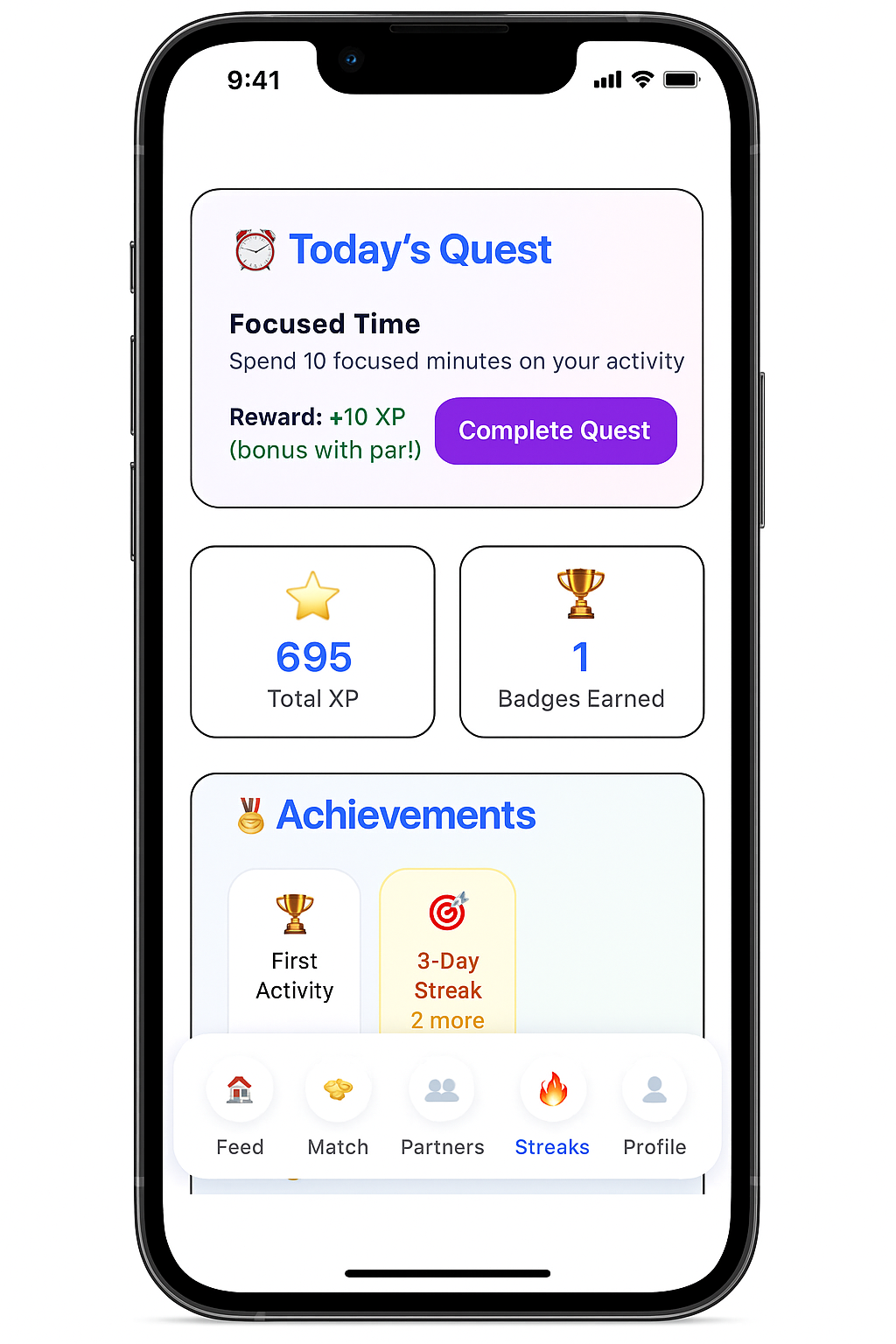 Today's Quest screen showing XP system and achievements