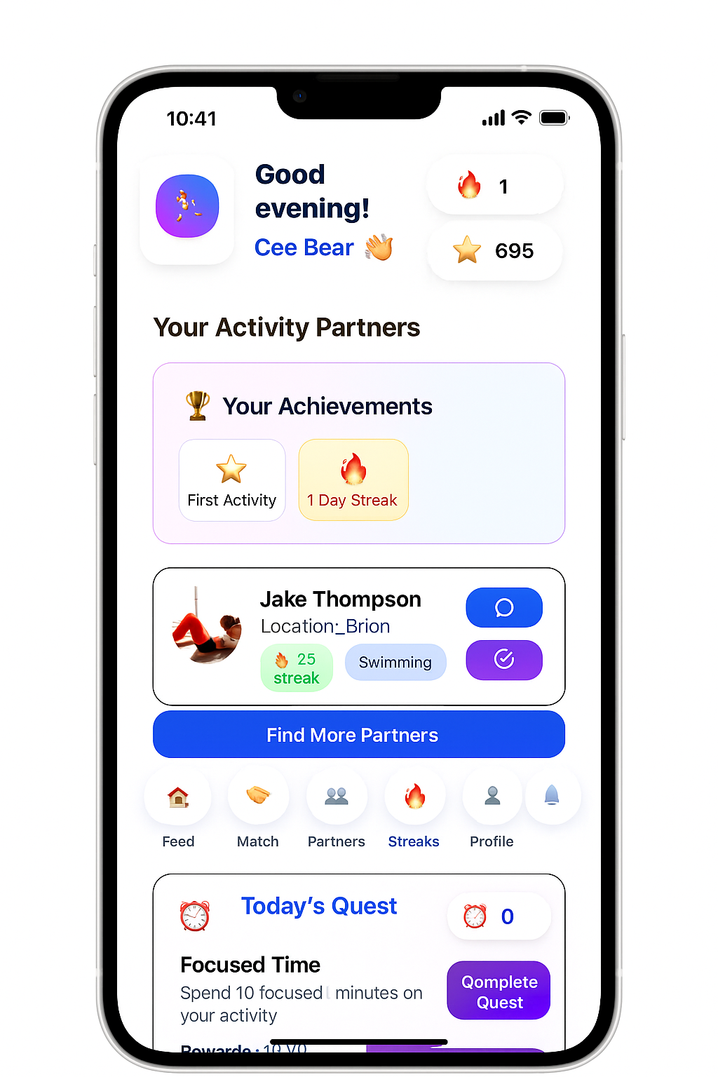 Main dashboard showing activity partners and achievements