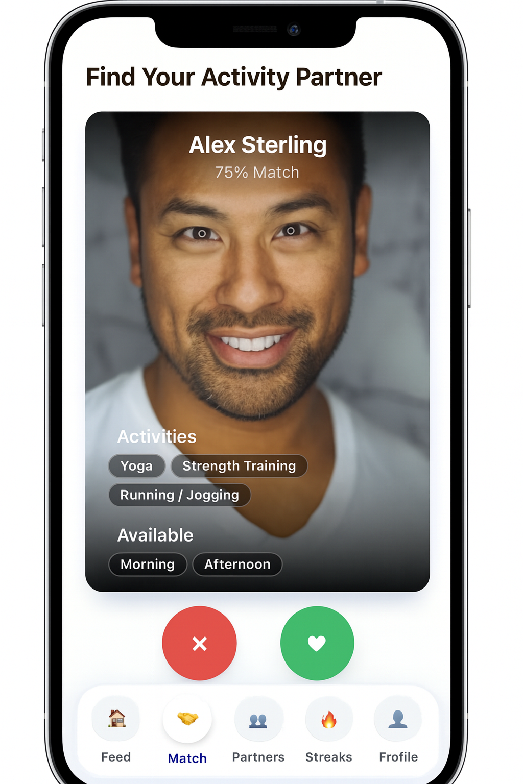 Partner matching interface showing Alex Sterling profile